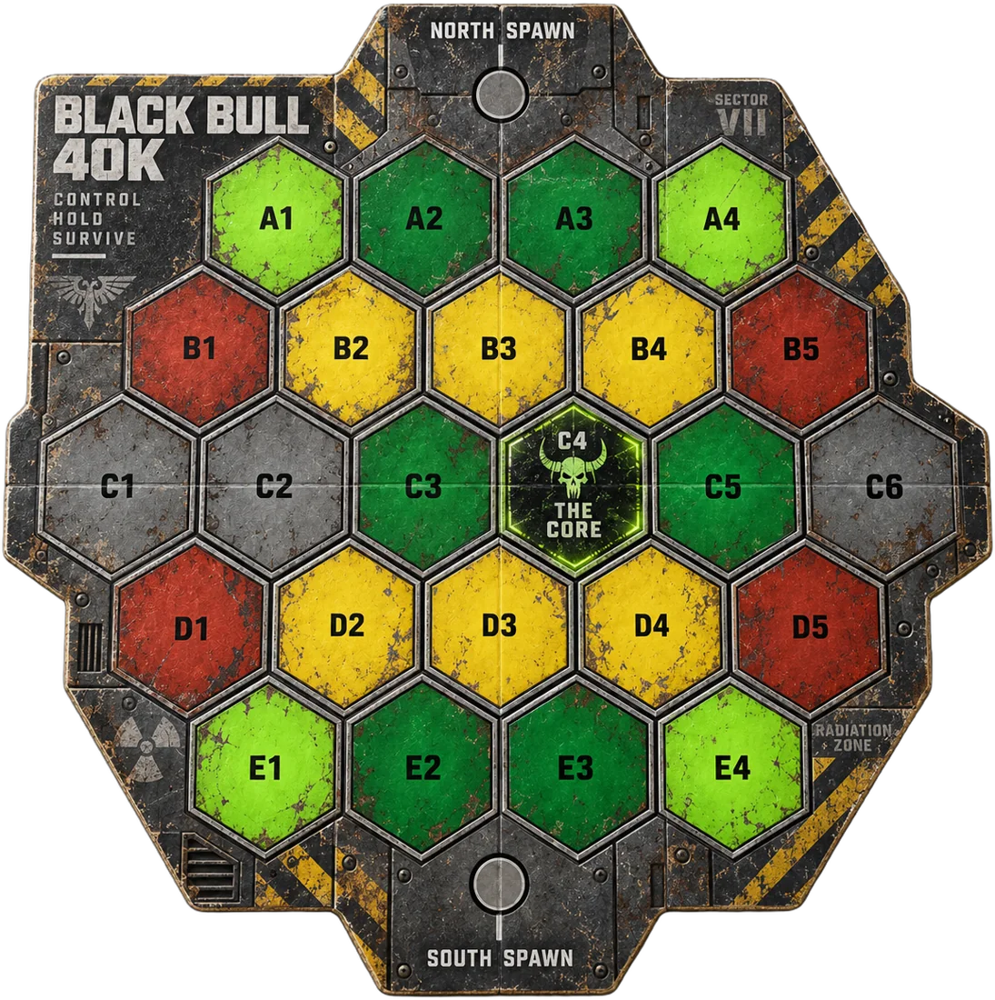 The Black Bull 40K hex battlefield: north and south spawns, contested zones and The Core at the centre
