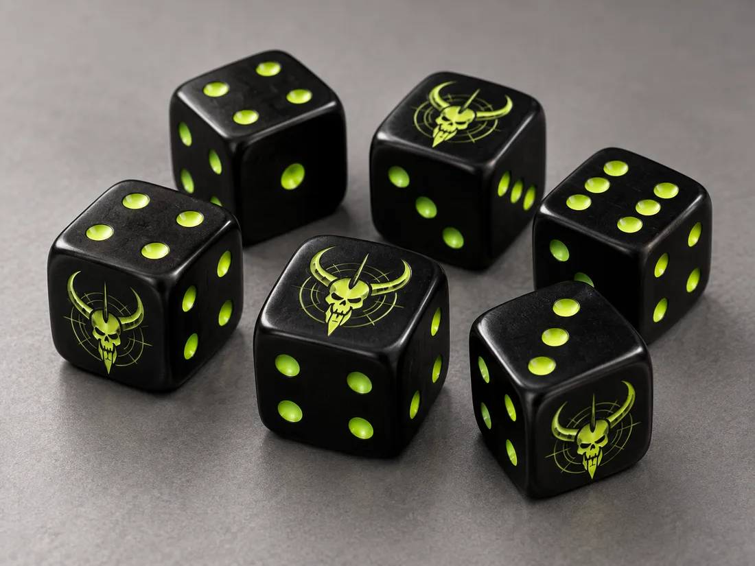 Black Bull dice: black with toxic green pips and a horned skull on the six