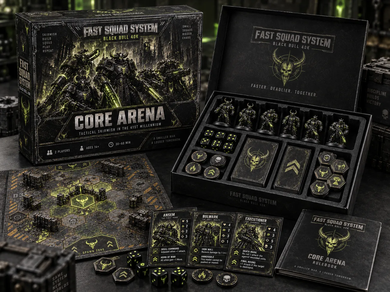 The Core Arena box open: six Black Bull miniatures, Bull dice, warrior cards, tokens, the hex arena and the rulebook
