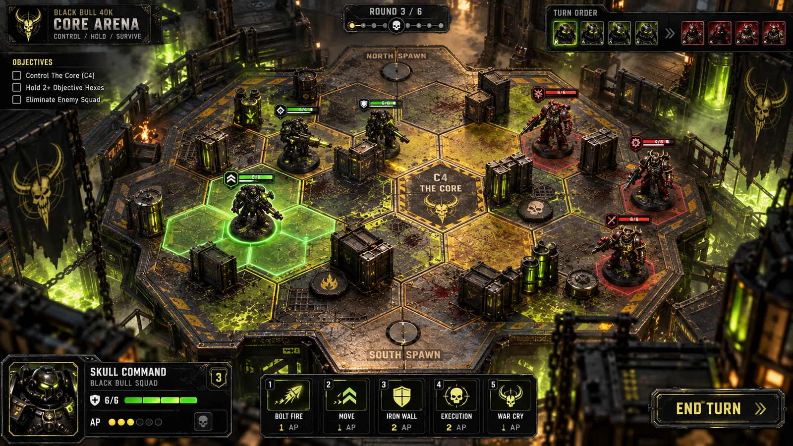 Core Arena online: a Black Bull squad and a red warband fighting across the hex arena for C4, The Core